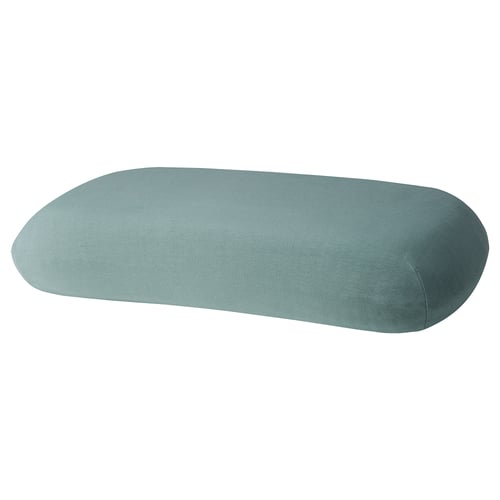 Blue ergonomic pillow, soft with elastic edge, rectangular shape.