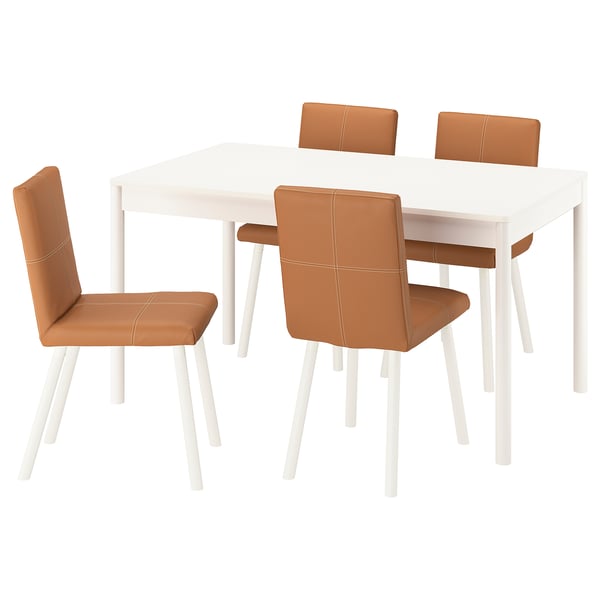 Modern white TONSTAD dining set with brown leather chairs.