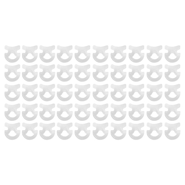 TRÖSTA clips: 50 white, plastic, u-shaped, arranged in rows.