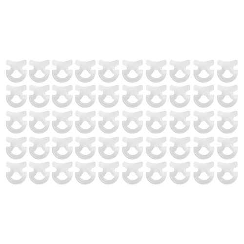 TRÖSTA clips: 50 white, plastic, u-shaped, arranged in rows.