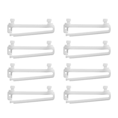 Eight identical white plastic t-shaped connectors in grid layout.