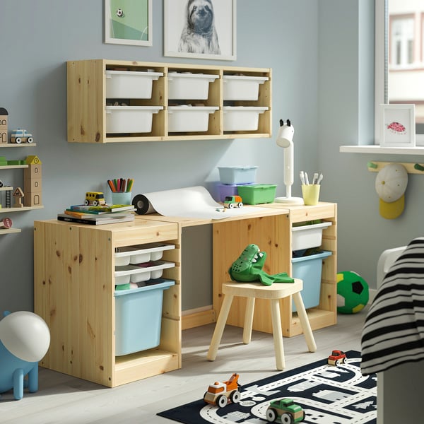 TROFAST Desk with storage boxes/trays, light white stained pine/white light blue, 124x44x52 cm