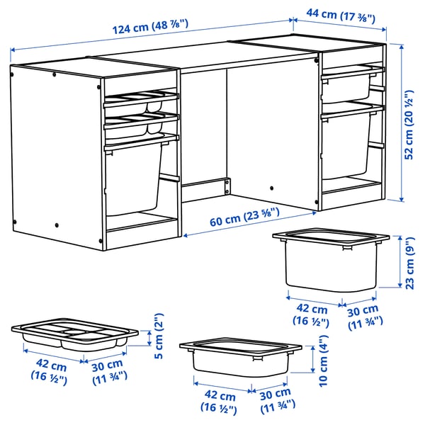 TROFAST Desk with storage boxes/trays, light white stained pine/white light blue, 124x44x52 cm