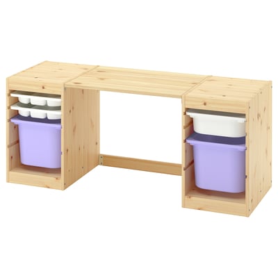 TROFAST Desk with storage boxes/trays, light white stained pine/white lilac, 124x44x52 cm