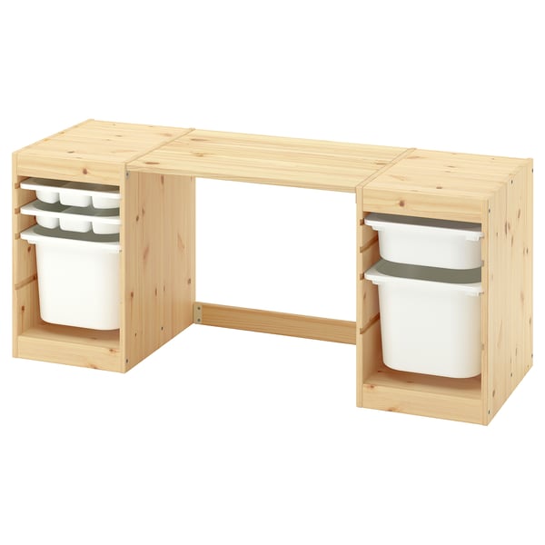 TROFAST Desk with storage boxes/trays, light white stained pine/white white, 124x44x52 cm