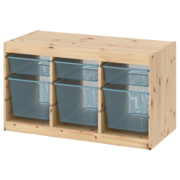TROFAST light pine storage unit with blue mesh boxes.