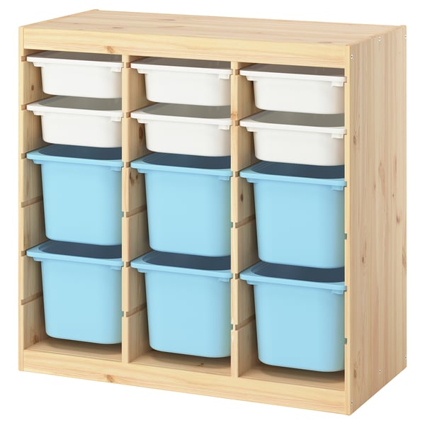 TROFAST Storage combination with boxes, room divider light white stained pine/white light blue, 93x44x91 cm