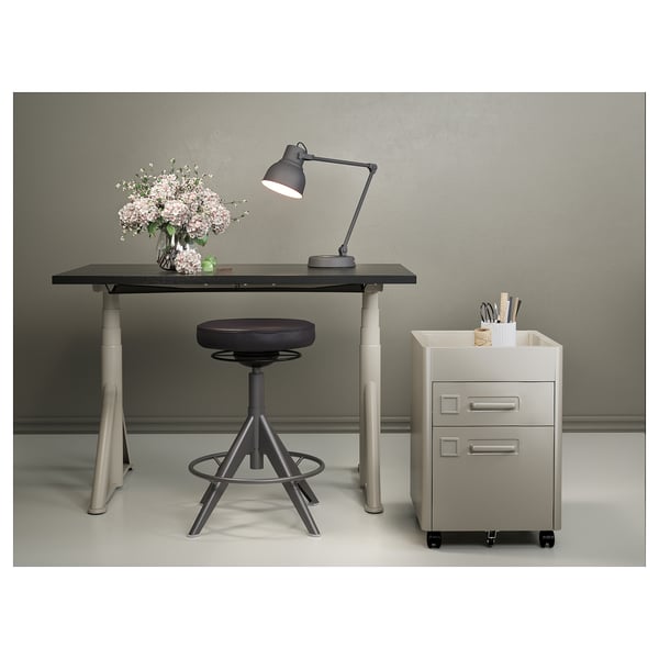Minimalist workspace: black desk, stool, lamp, filing cabinet, pink flowers.
