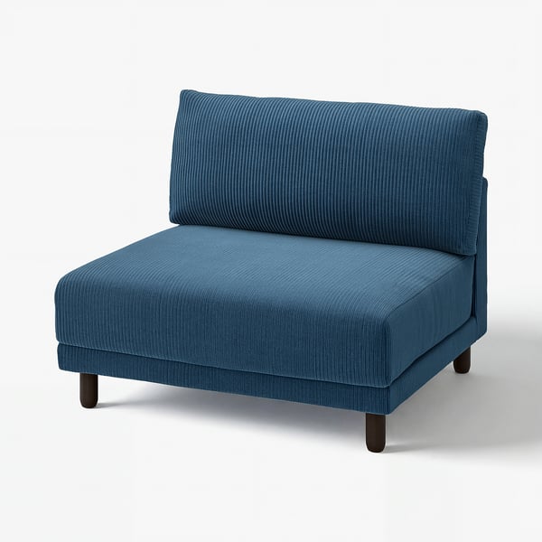 An UPPÅKRA blue modular sofa corner piece with dark wood legs and vertical striped pattern.
