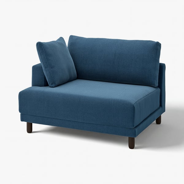 Blue upholstered sofa module with dark wooden legs. Modern design, striped fabric.