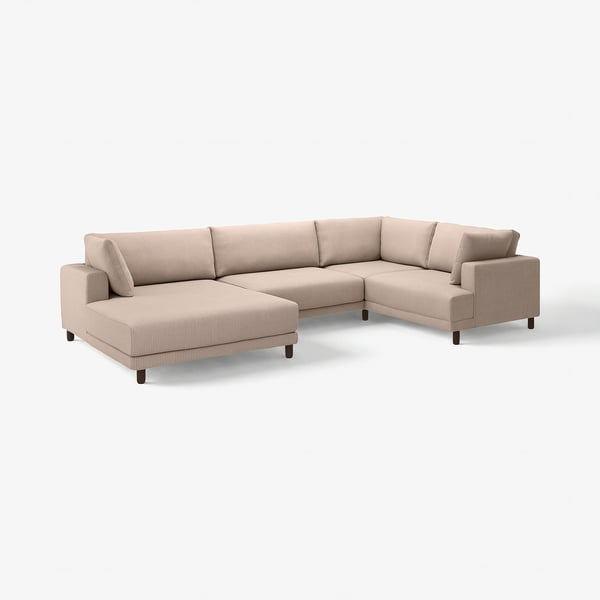 UPPÅKRA beige corner sectional sofa with a modern, airy look. Soft, tactile fabric and oversized cushions for comfort.