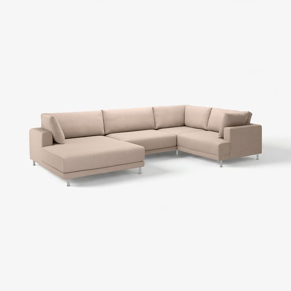 Modern beige u-shaped sectional sofa, minimalist design.