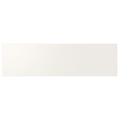 A white, rectangular UTRUSTA drawer front made of fibreboard with a smooth, lacquered finish. Its designed for clean, uniform storage.