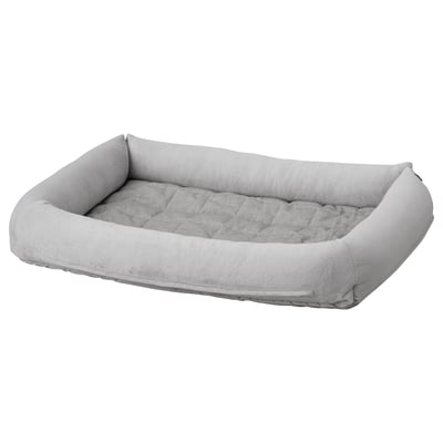 UTSÅDD grey dog bed, rectangular with bolster, soft recycled materials.