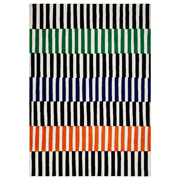 A rectangular VÄNDPLATS rug by tom hedqvist, featuring black, green, blue, and orange stripes, made of polypropylene.