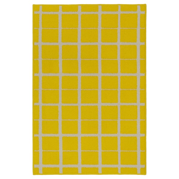 Bright yellow chequered rug with white lines, square shape, soft texture.