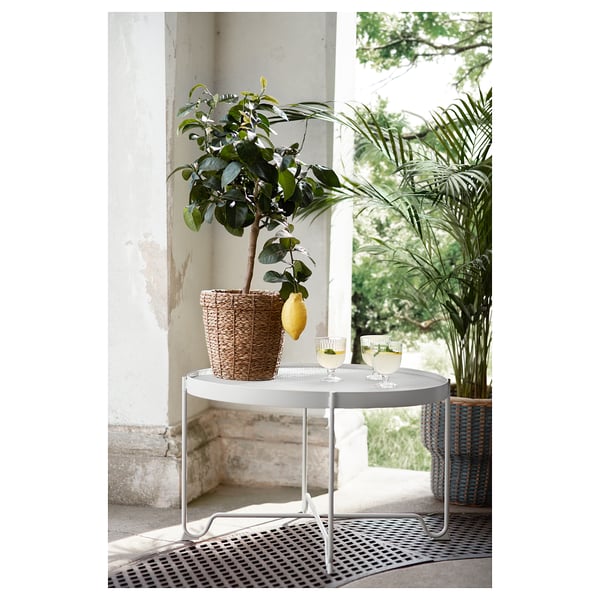 Modern outdoor setting with citrus plant in round white metal table, wicker basket, lemons, and clear glasses.
