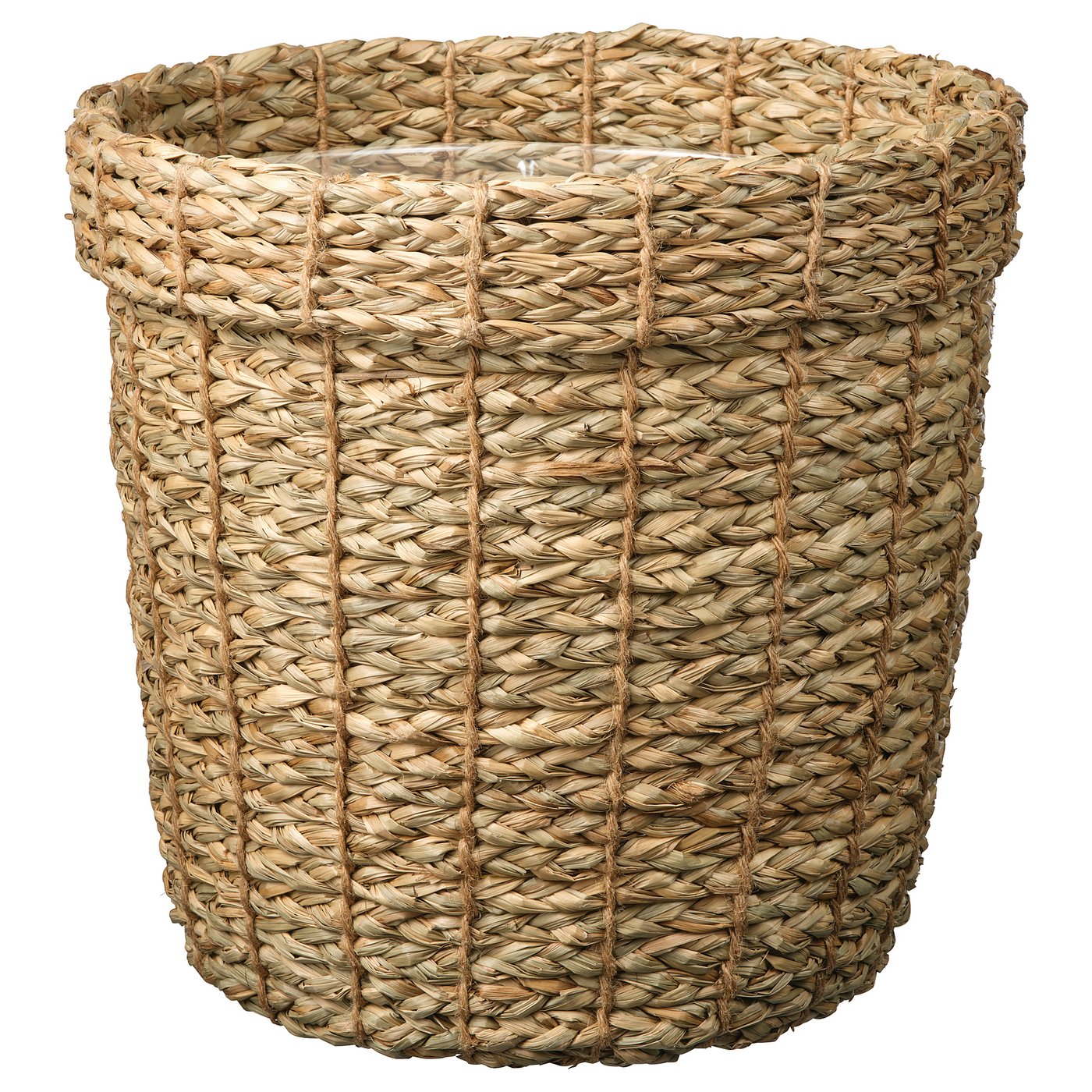 A VALLMOFRÖN seagrass planter in natural colour, cylindrical shape, with a woven design. Its handcrafted, light, and sustainable.