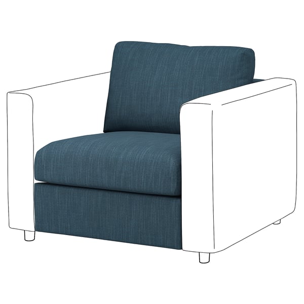 Blue VIMLE armchair with removable, washable fabric and thick cushions.
