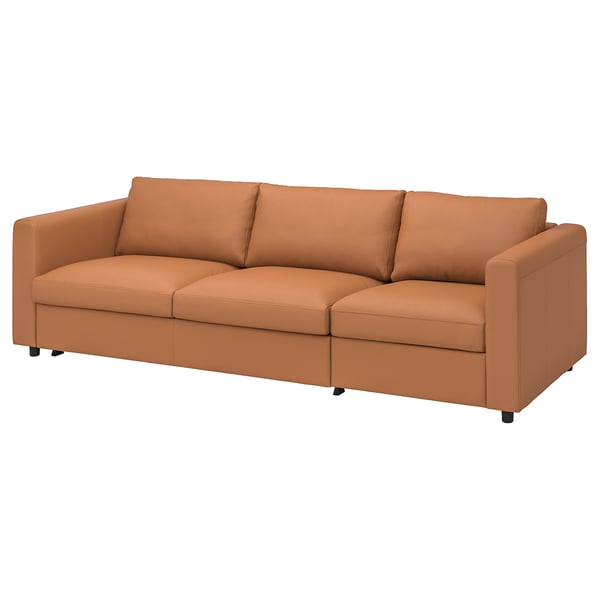VIMLE sofa, tan leather, modern design, three cushions, clean lines.