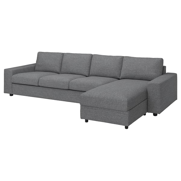 Grey VIMLE sectional sofa, l-shaped, modern design, fabric-covered, with storage chaise.