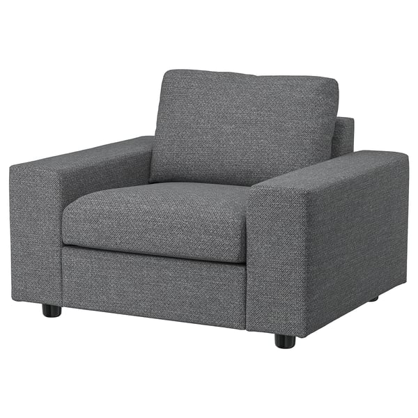 A grey VIMLE armchair with a modern design and comfortable padding.