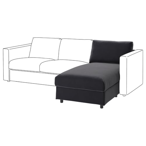 Depicts a modern dark grey VIMLE sofa with a storage chaise longue. The sofa square arms and a sleek design.