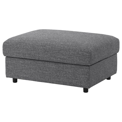 VIMLE grey fabric footstool with storage. Square, upholstered in dark grey tweed, four black legs.