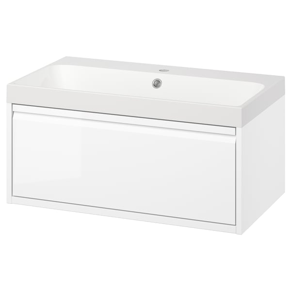 ÄNGSJÖN / BACKSJÖN Meuble lavabo avec tiroir/vasque, brillant blanc, 80x48x39 cm