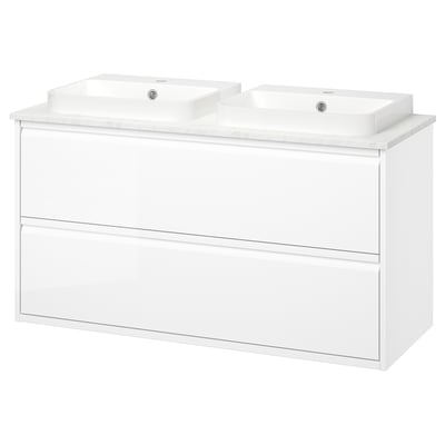 ÄNGSJÖN / BACKSJÖN Meuble lavabo avec tiroirs/vasque, brillant blanc/blanc marbré, 122x49x71 cm