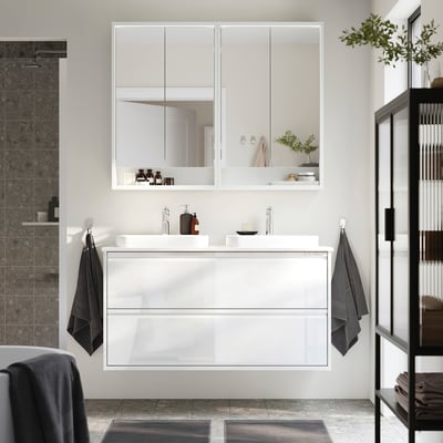 ÄNGSJÖN / BACKSJÖN Meuble lavabo avec tiroirs/vasque, brillant blanc/blanc marbré, 122x49x71 cm