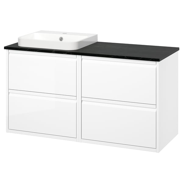 ÄNGSJÖN / BACKSJÖN Meuble lavabo/vasque, brillant blanc/noir marbré, 122x49x71 cm