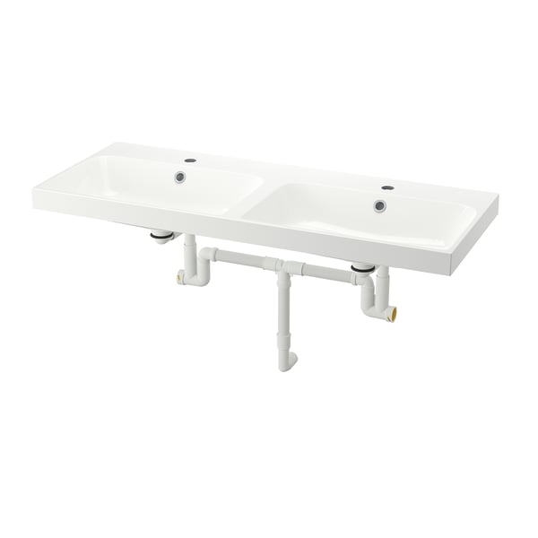 BACKSJÖN Double vasque avec siphon, blanc, 120x48 cm