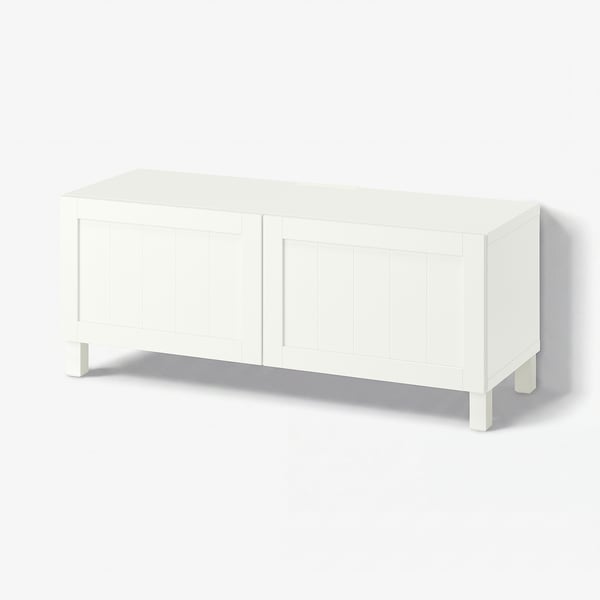 BESTÅ Banc TV avec portes, blanc/Pipmakare blanc, 120x42x48 cm