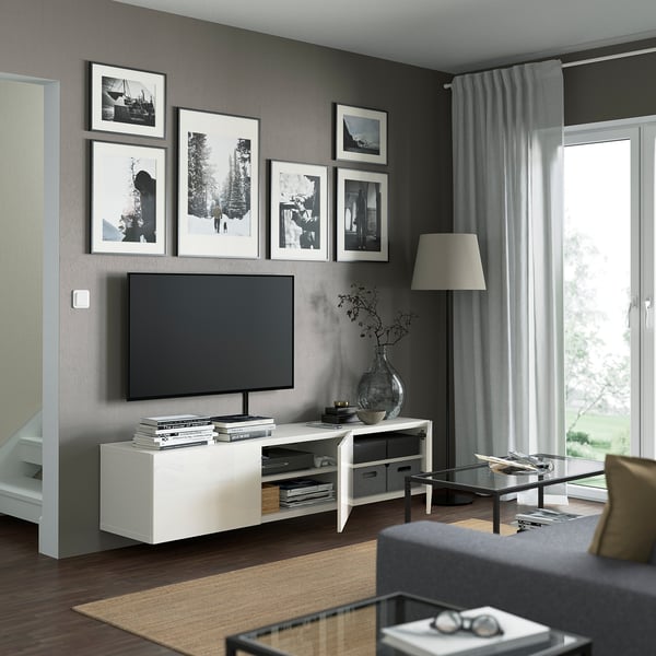 BESTÅ Banc TV avec portes, blanc/Selsviken brillant/blanc, 180x42x38 cm