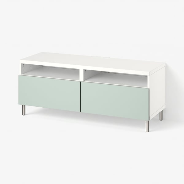 BESTÅ Banc TV avec tiroirs, blanc/Hjortviken/Ösarp gris-vert pâle, 120x42x48 cm