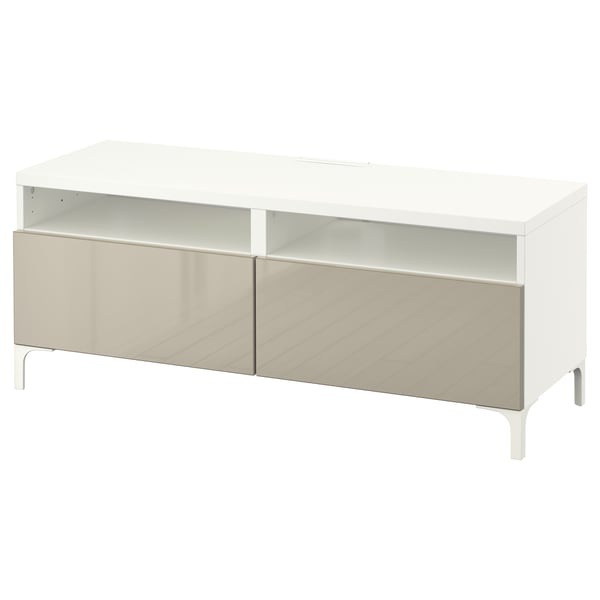 BESTÅ Banc TV avec tiroirs, blanc/Selsviken brillant/beige, 120x42x48 cm