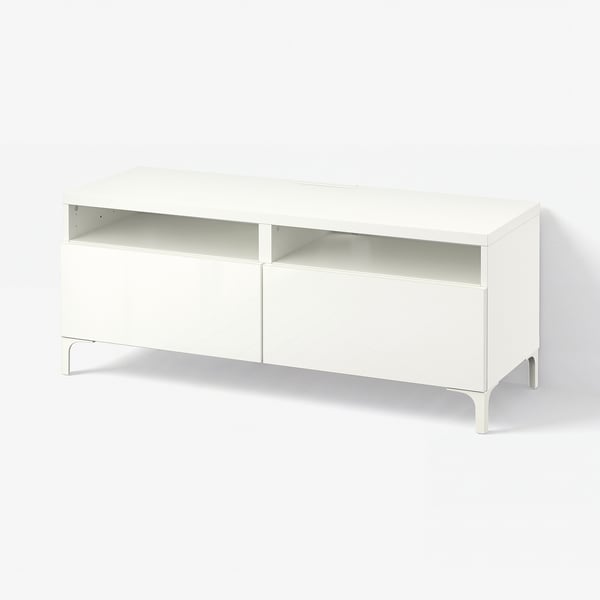 BESTÅ Banc TV avec tiroirs, blanc/Selsviken brillant/blanc, 120x42x48 cm