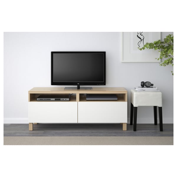 BESTÅ Banc TV avec tiroirs, effet chêne blanchi/Lappviken blanc, 120x42x48 cm