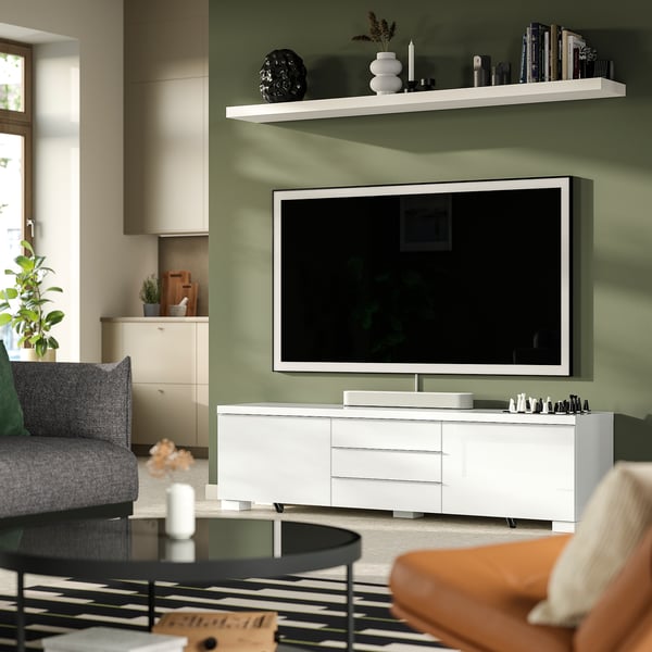BESTÅ BURS Banc TV, brillant blanc, 180x41x49 cm