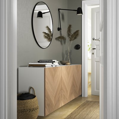 BESTÅ Combinaison rangement murale, blanc/Hedeviken plaqué chêne, 180x42x64 cm