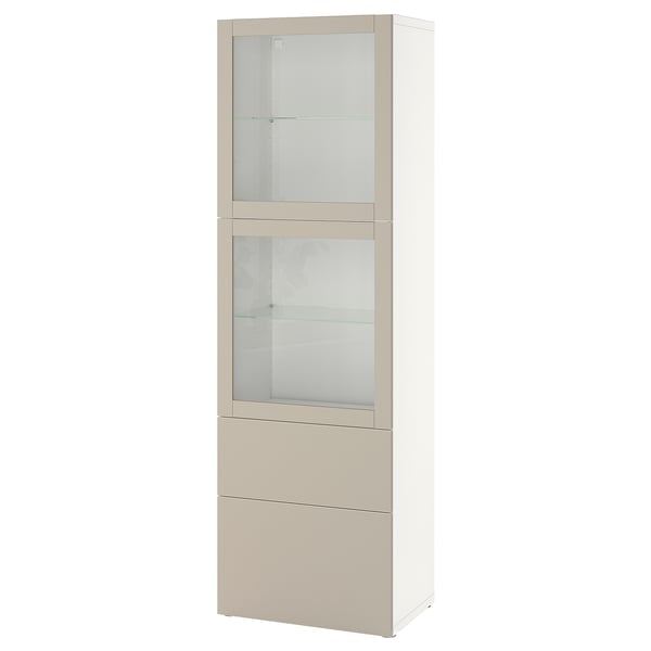 BESTÅ Combinaison rangement ptes vitrées, blanc Lappviken/beige-gris clair verre transparent, 60x42x193 cm