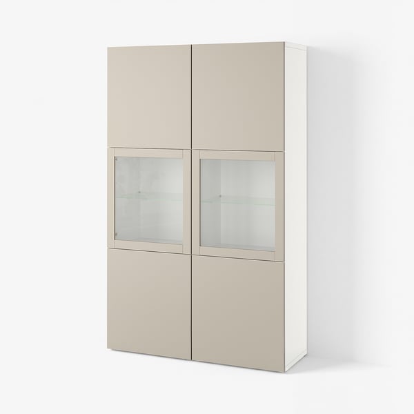 BESTÅ Combinaison rangement ptes vitrées, blanc Lappviken/beige-gris clair verre transparent, 120x42x193 cm