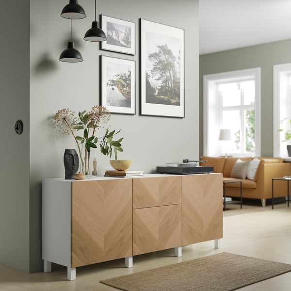 BESTÅ Combinaison rangement tiroirs, blanc/Hedeviken/Stubbarp plaqué chêne, 180x42x74 cm