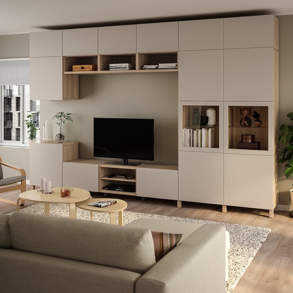 BESTÅ Rangement TV/vitrines, plaqué chêne blanchi Lappviken/Sindvik beige-gris clair, 360x42x240 cm