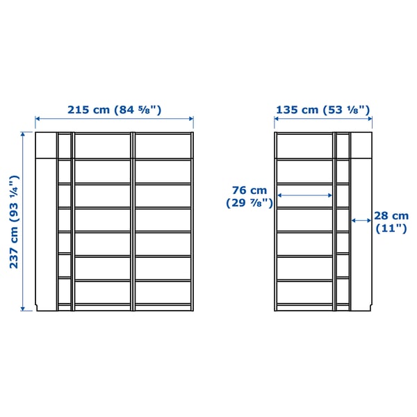 BILLY Combi bibliothèque angle+surmeubles, brun motif noyer, 215/135x28x237 cm
