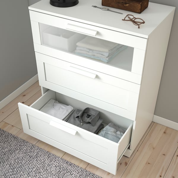 BRIMNES Commode 3 tiroirs, blanc/verre givré, 78x46x95 cm