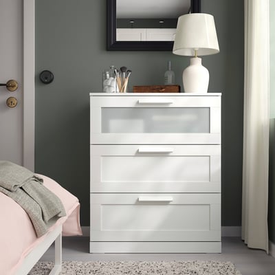 BRIMNES Commode 3 tiroirs, blanc/verre givré, 78x46x95 cm