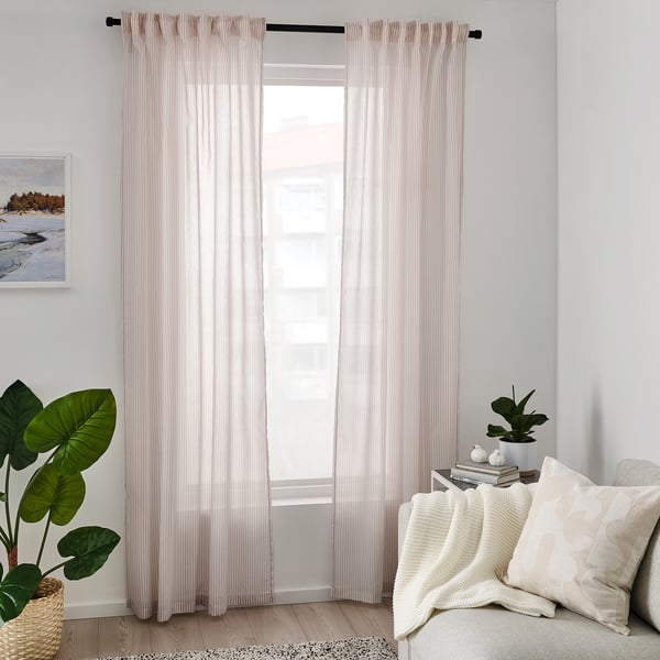 BYMOTT Rideaux, 2 pièces, blanc/beige rayé/ruflette, 120x300 cm