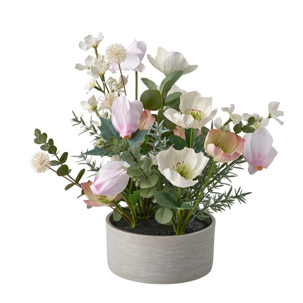 FEJKA Composition florale artificielle, intérieur/extérieur rose/blanc, 15 cm
